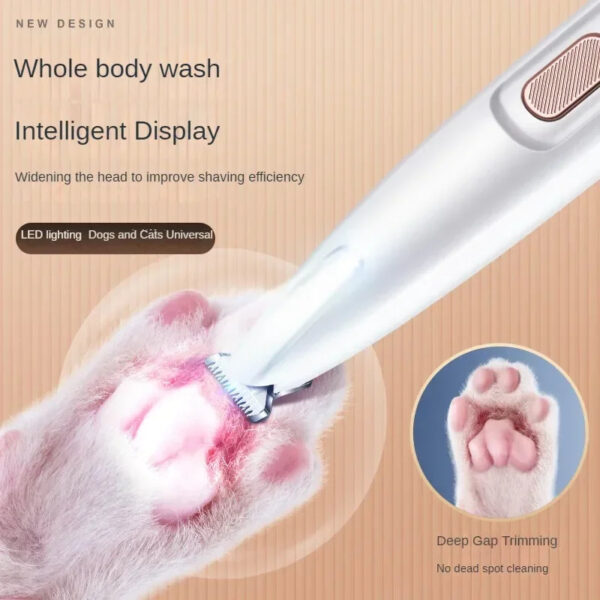 Waterproof dog paw trimmer with LED light, 18mm wide blade, and LED display for precise grooming.