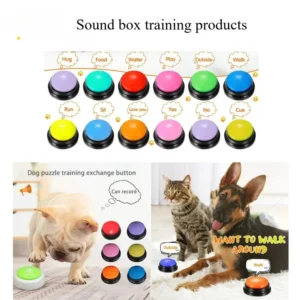 Ocho botones de comunicación para perros en varios colores, con función de grabación de voz de hasta 30 segundos, ideales para el entrenamiento de mascotas. Incluye zumbadores para enseñar a hablar o expresar necesidades. Un divertido regalo interactivo para dueños de perros y gatos.